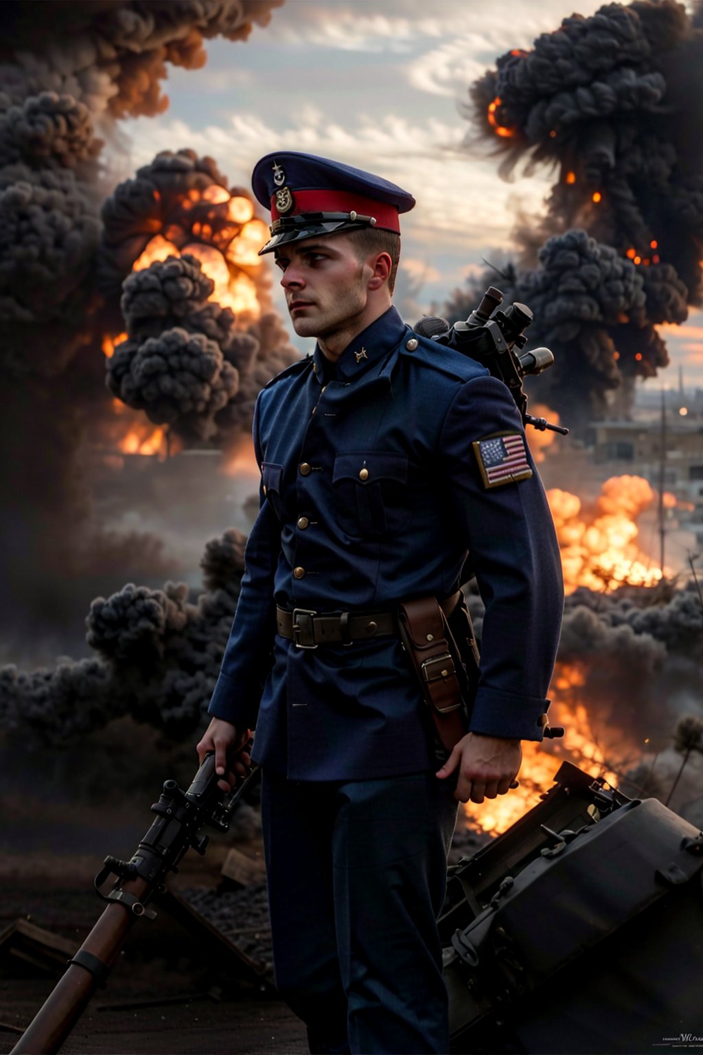 weary young soldier with determined eyes navigating a war-torn battlefield, surrounded by explosions and gunfire, with thick smoke in the air. His uniform is dirty and torn, and the background shows a devastated landscape with a flag waving in the distance. The scene captures the intensity of war, the soldier's courage, and a sense of looming tragedy,Photorealistic man,Photography,Fantasy detailers,Dynamic poses,Movement poses 