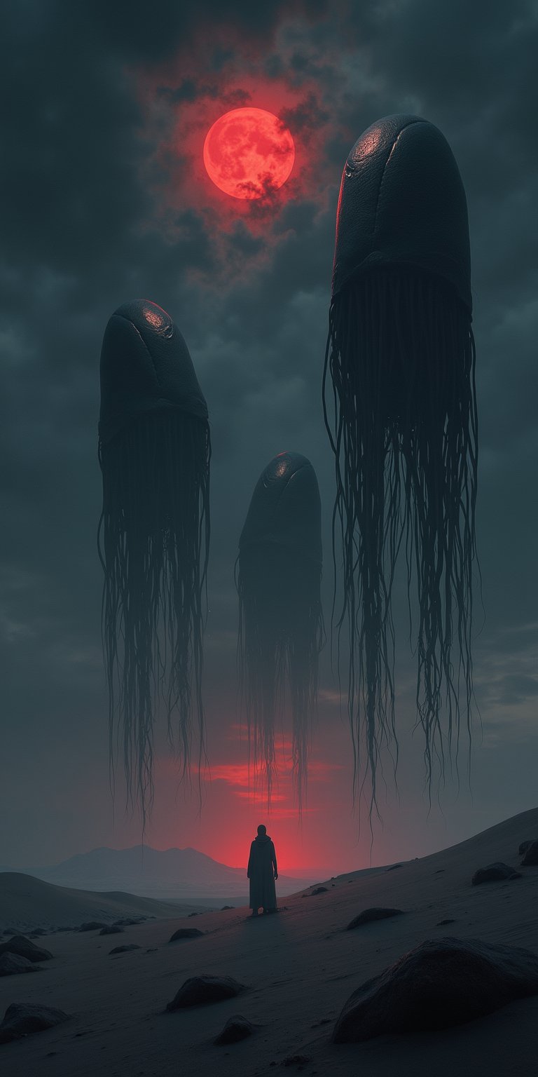 Portrait style, realism, hyper realistic, photography, oil painting, blurry effect, dynamic movement poses, Best quality, 4K, 8K, high-resolution, masterpiece, ultra-detailed, photorealistic
.
.
( photo of a black sand desert, several giant black otherworldly creatures with cable-like hanging tentacles are floating in the starry sky, a faint red sun barely shines through the cloud cover, highly detailed, cinemascope, moody, epic, photorealistic, color graded cinematic, atmospheric lighting, award winning photo, film grain ), 
.
.
Digital illustration, Digital Painting, digital art style, full body, fantasy detailers, more details, oil painting effect, fantasy art style,