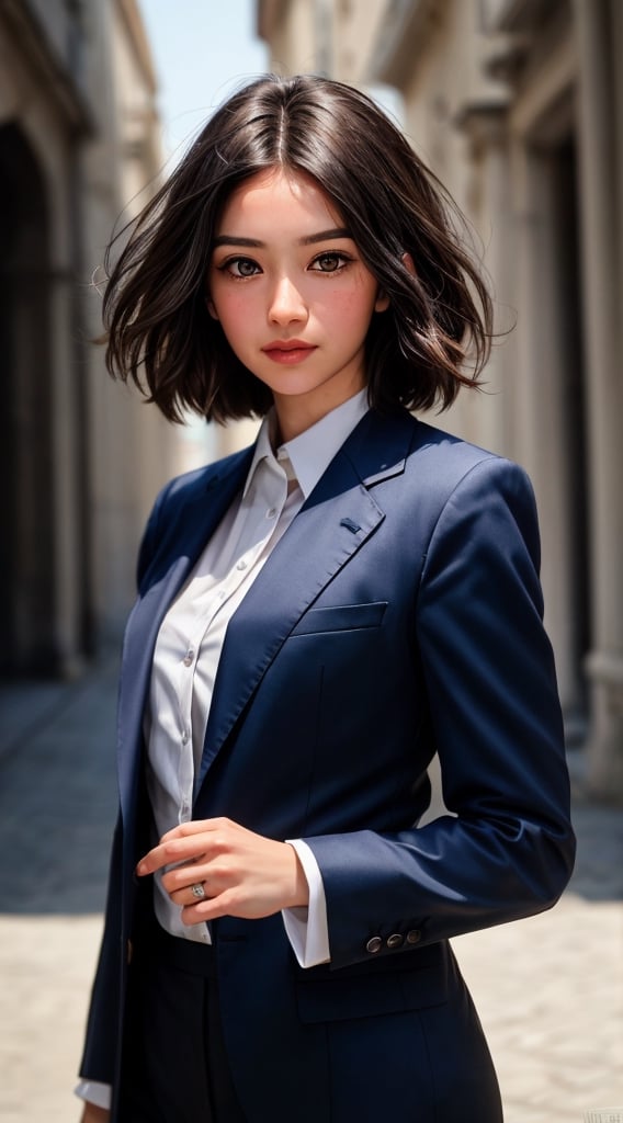 ((((ntelligent woman in her 30s, wearing a stylish business suit and looking directly at the camera. She has a determined expression on her face, and her eyes are filled with ambition. The background is blurred, creating a sense of focus on the woman's face)))), bokeh, (((contrast 0.8))), (((super stylish))), smiling, ((((medium_breasts)))), (((tan skin))),  (((full length portraits))), A_beautiful_American_young_woman, slight_grin, random_facial_expressions, (((Correct_facial_features))), perfect_face, Flirting,12K, African, Asia, India, Caucasian, ((perfect_face)), slick_hair, enameled, soft_studio_lighting, dynamic_pose's, (((hyper_detailed_face))), (((perfect_eye, perfect_fingers))), backlighting, colorful, cinematic_film_still. beautiful_lighting, best_quality, realistic, full_length_portrait, real_image, intricate_details, 1_Italian woman, beautifully_tanned_olive skin, highly_detailed, captivating_facial_features, tall, anatomically_correct, Fujifilm_XT3, outdoors, atmospheric_glow, RAW photo, 8k uhd, film grain, 6000, female, Movie Still, photo r3al, Film Still, Cinematic, Cinematic Shot, female focus, Italian female, AngelicStyle, Cinematic Lighting, Germany female, France female, European Country would you Like, ,High detailed ,Color magic,Saturated colors,FFIXBG,chubby,Color saturation ,SAM YANG,1 girl,perfecteyes,yuzu,renaissance,blurry_light_background