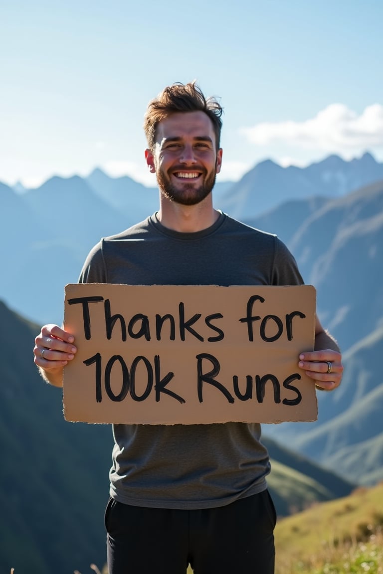 A handsome man is holding a sign that says "Thanks for 100k Runs", It stands against a beautiful mountain backdrop, 