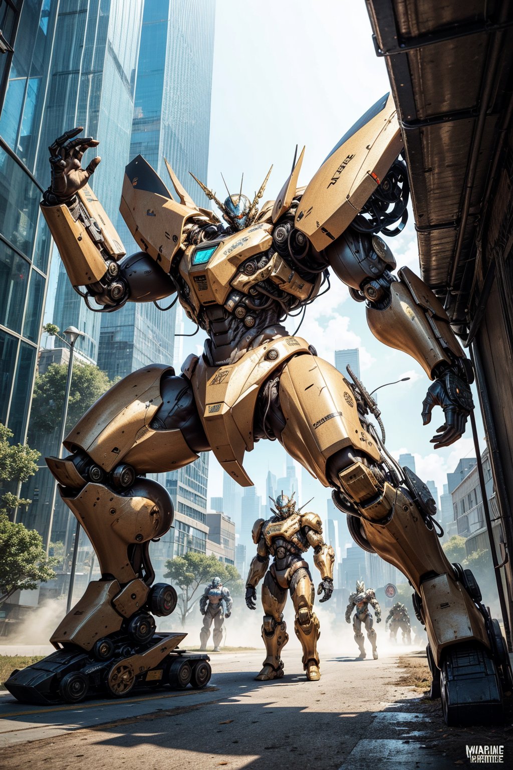 A big gold robot, mecha, war machine, futuristic city, dynamic poses, 

, ,Cyborg art style 