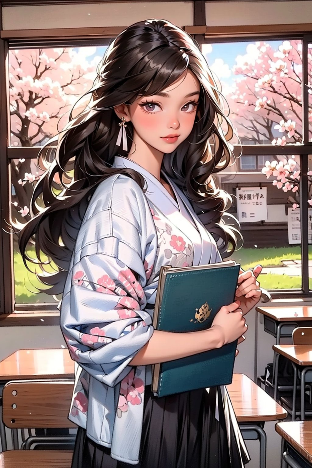 A shy Japanese schoolgirl standing nervously in front of a new classroom, holding a sketchbook with a beautiful drawing of cherry blossoms, while classmates look at her with admiration and curiosity, capturing the moment she finds her confidence in her new school.,Barbie doll,Manhwa beautiful 