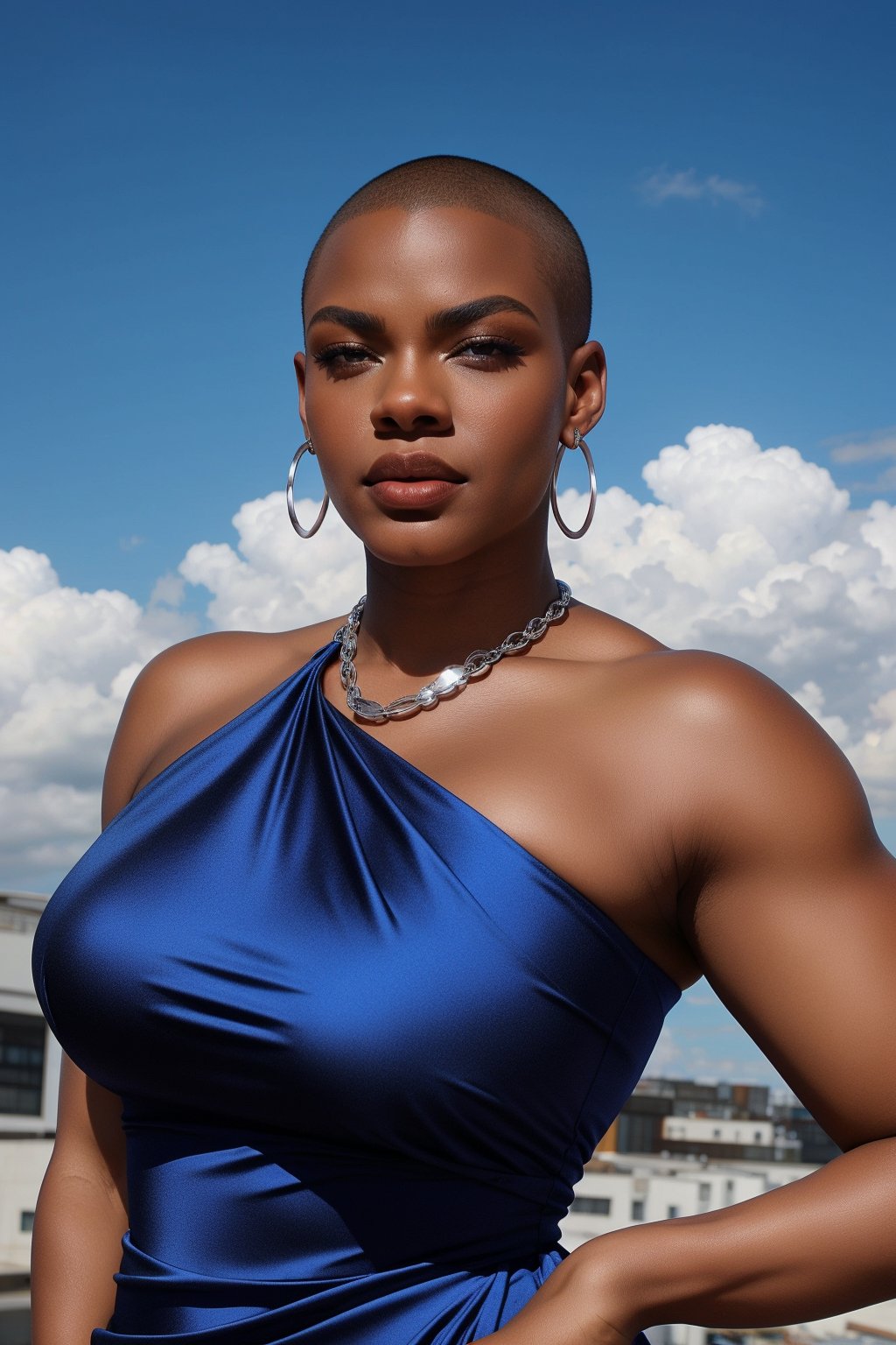 Black woman with a shaved head and piercing blue eyes, wearing a bold, asymmetrical red dress with a chunky silver necklace, strikes a powerful pose, arm raised with a slight bend at the elbow, showcasing her strength and determination against a backdrop of fluffy white clouds and a bright blue sky.