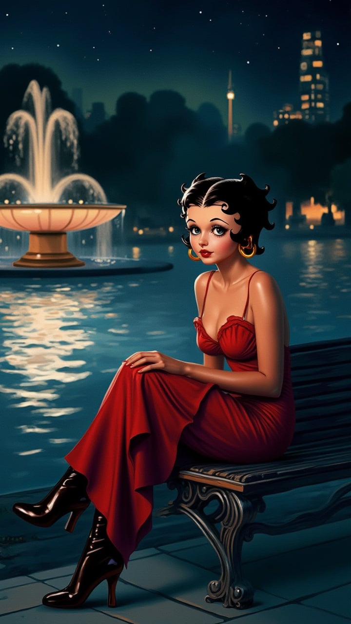 Beautiful woman, 1 girl, portrait of woman, Sitting in the park alone, the background is a fountain, the situation is at night, Betty boop,