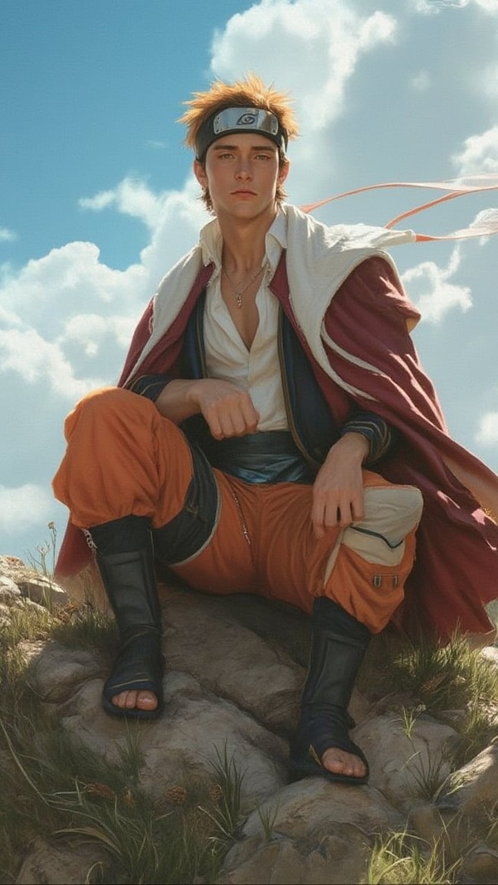 Portrait of Handsome man, sitting on a hill, Naruto style, naruto clothes,