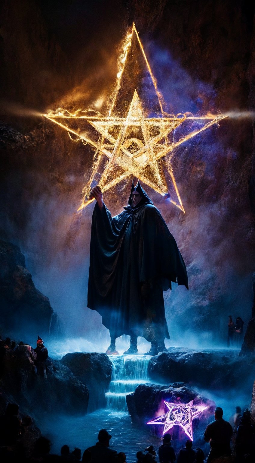 Create an image depicting a modern interpretation of Satanism, focusing on a symbolic pentagram surrounded by individuals expressing personal freedom and individuality, with a dark and mystical background highlighting both controversial and philosophical elements of the subject,Fantasy detailers,Hyper Realistic photo 