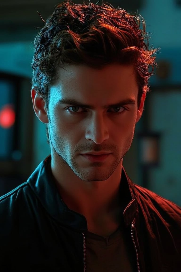 A lone male subject gazes directly into the camera lens, his short, brown hair framing his stoic expression. He wears a black leather jacket and matching shirt, his closed mouth conveying a sense of reserve. The focus is on his upper body, with a blurry background allowing the viewer's attention to remain solely on him.