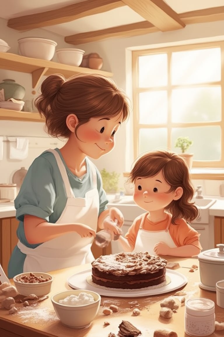 Mother and daughter, cooking chocolate cake, in the kitchen, lots of flour scattered, aprons, Illustrations style 