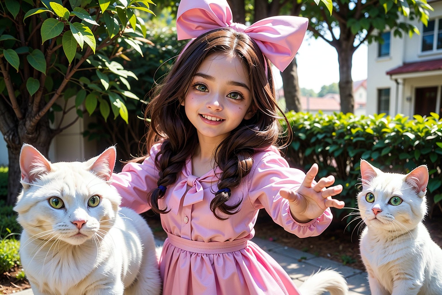 Rani, a bright-eyed 7-year-old with flowing brown hair and emerald green eyes, Mittens, a spunky white cat with black spots

After breakfast, Rani and Mittens prepared for their trip to the park. ((Rani put on her favorite pink dress and tied her hair with a red ribbon)). Mittens, her tail swaying excitedly, followed Rani with enthusiasm