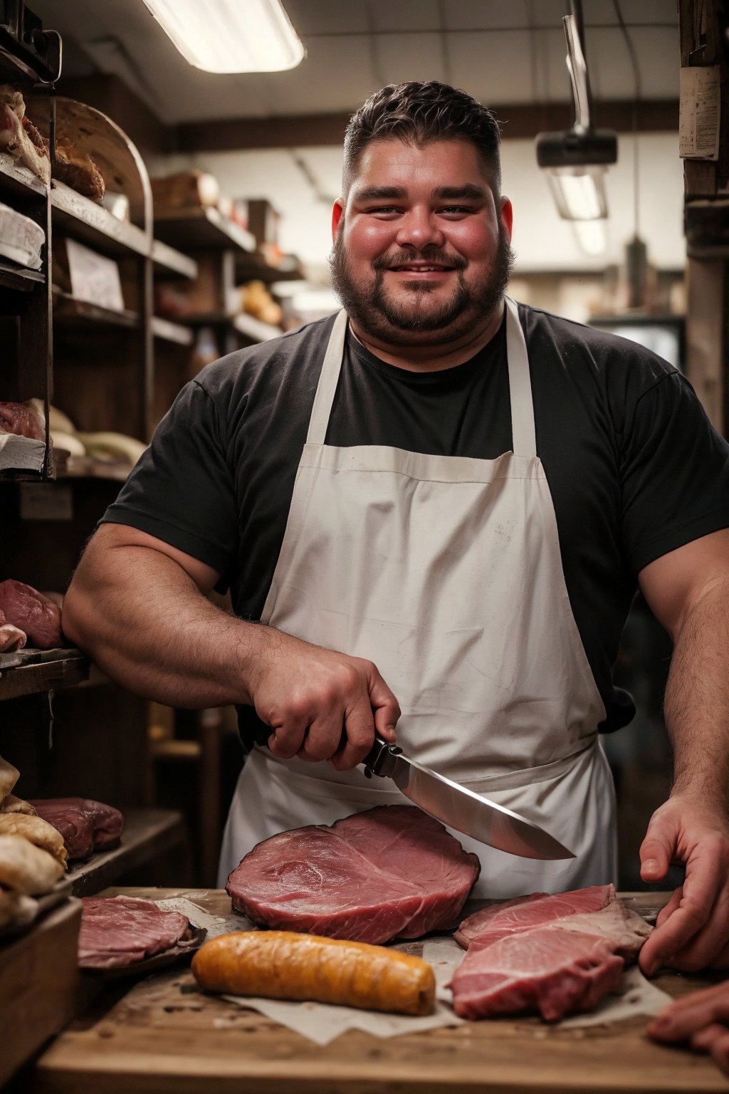 (( film grain, cinematic film, RAW photo, dark, intricate detail, grainy, niosy, gritty, vintage paper, ))
.
.
Fat man, meat cutter, 
Depict a realistic image of the butcher in his shop, surrounded by hanging cuts of meat, his face beaming with pride as he sharpens his knife.