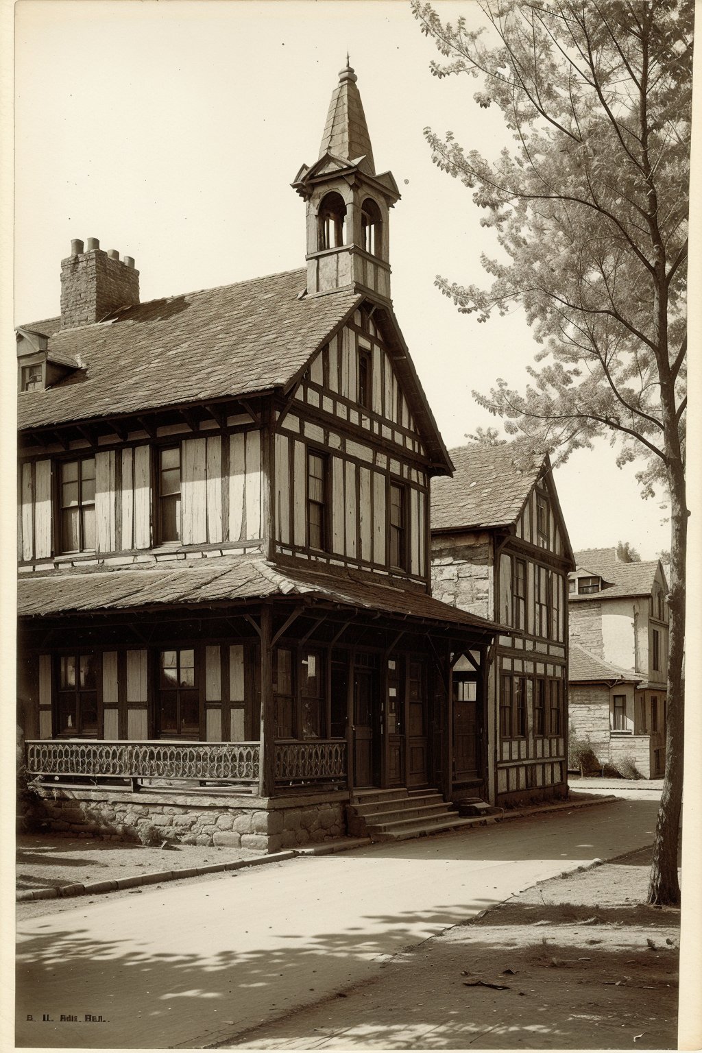 A town with old buildings from 1843, Old vintage photography, black and white photo, 