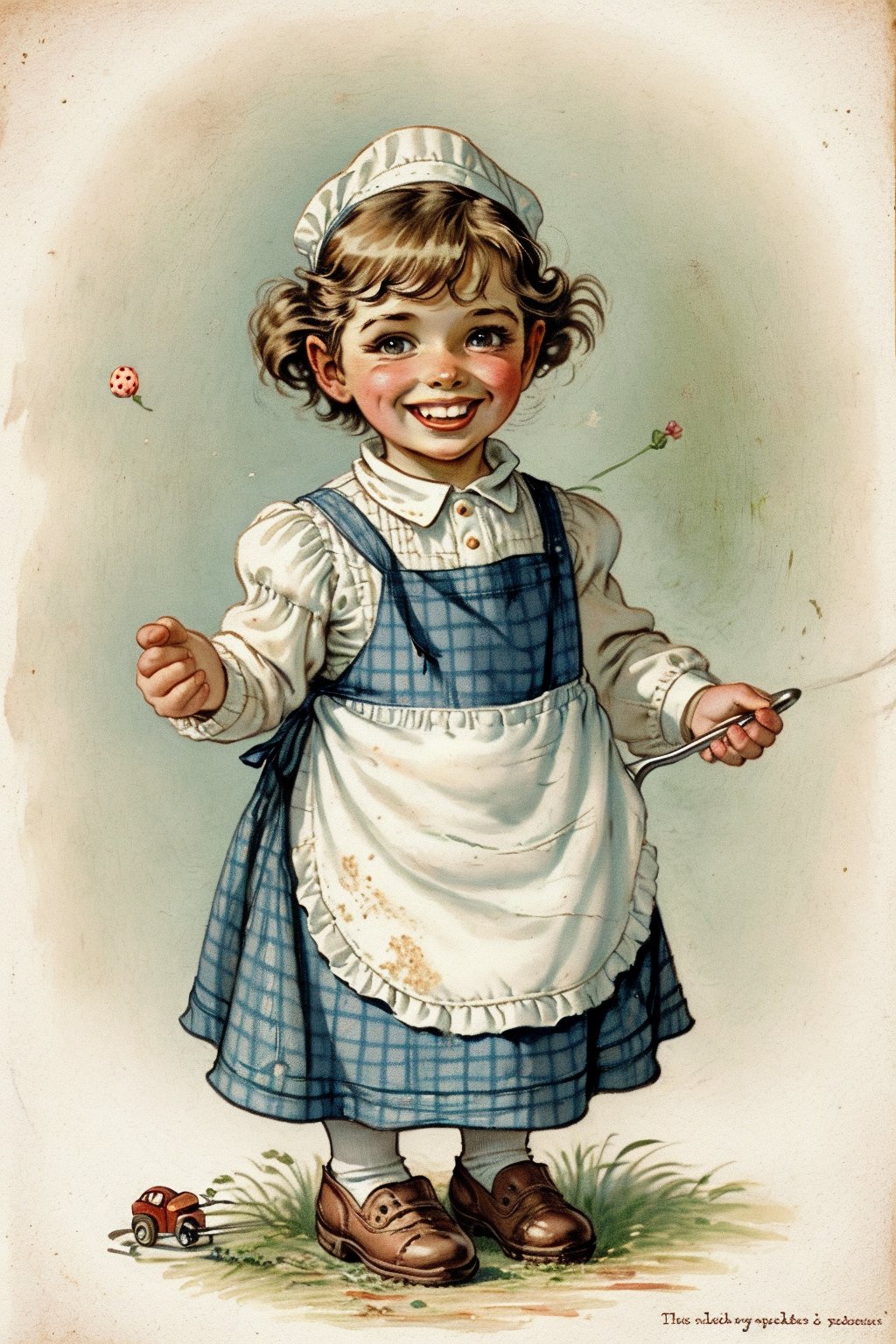 Little girl, I'm rolling out the cake dough His face was full of Flour, He smiled happily, She wears a red polkadot apron, 
.
.
Retro children's illustrations ,Vintage children's illustrations ,Children's storybook illustrations 