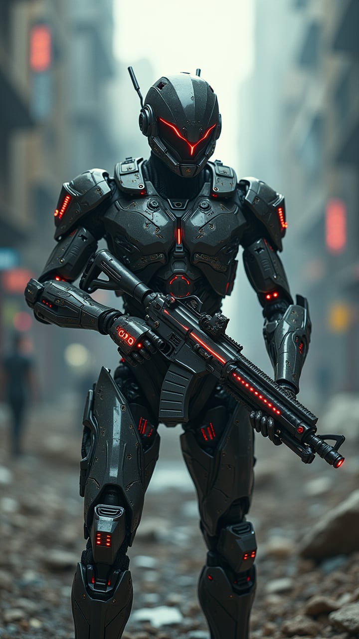 A highly detailed, cinematic portrait of a cyborg warrior standing amidst a ruined cityscape. His mechanical body is adorned with intricate circuitry and glowing neon lights. He wields a laser rifle, his eyes glowing red as he stares down his enemies. Focus on the dynamic pose and the contrast between organic and mechanical elements.