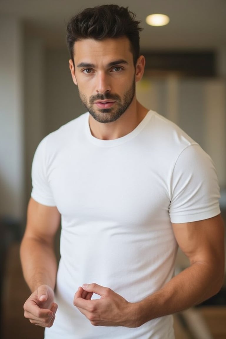 Handsome muscle man, wearing white t-shirt 