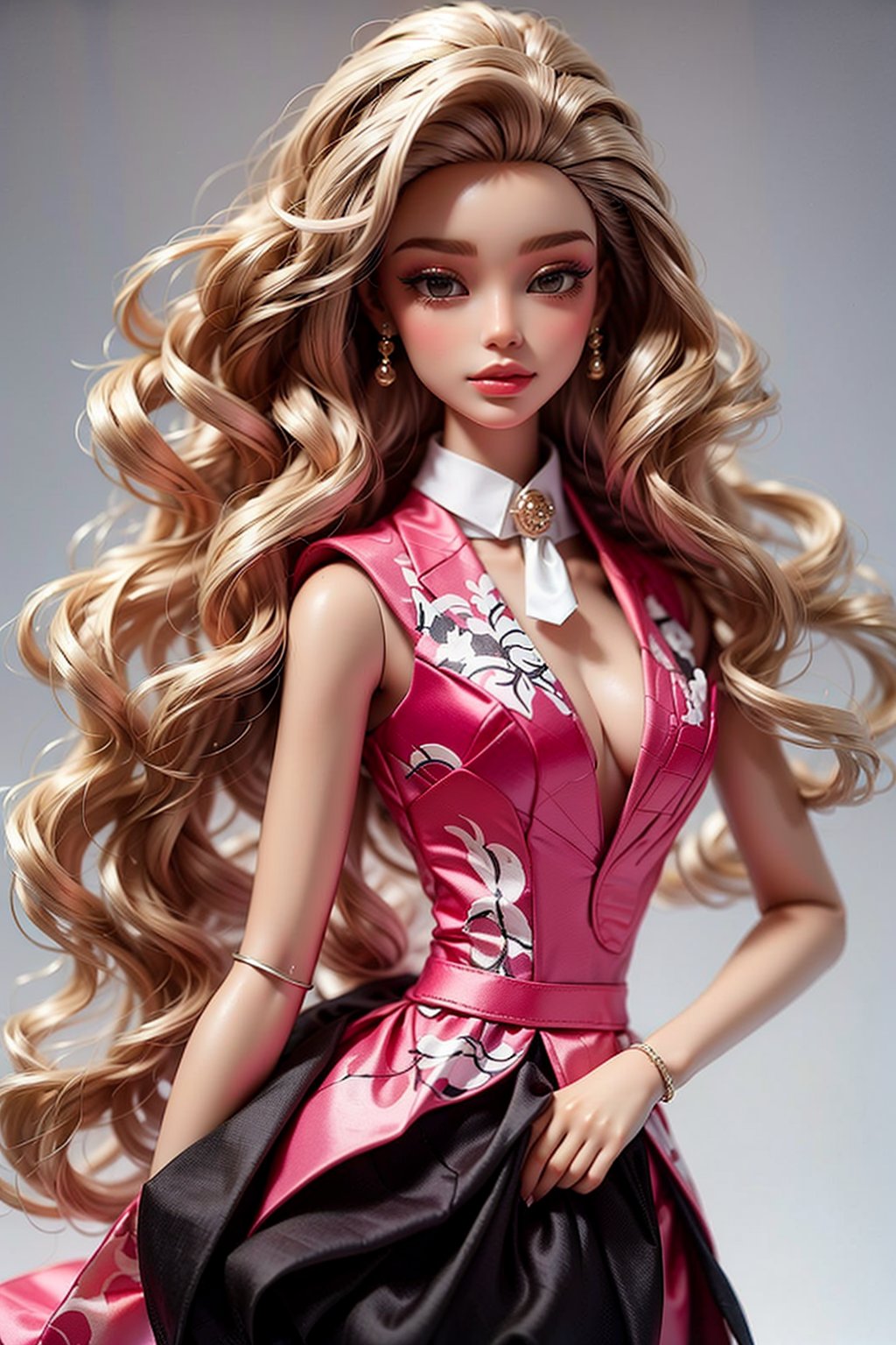 The image is a fashion photograph featuring a model wearing a dress with a tie and shirt, against a white background. The attire suggests a formal or semi-formal style with feminine details. The simplicity of the background focuses attention on the clothing and the model's pose.

Barbie doll, fantasy detailers, dynamic poses, movement poses, intricate details, 