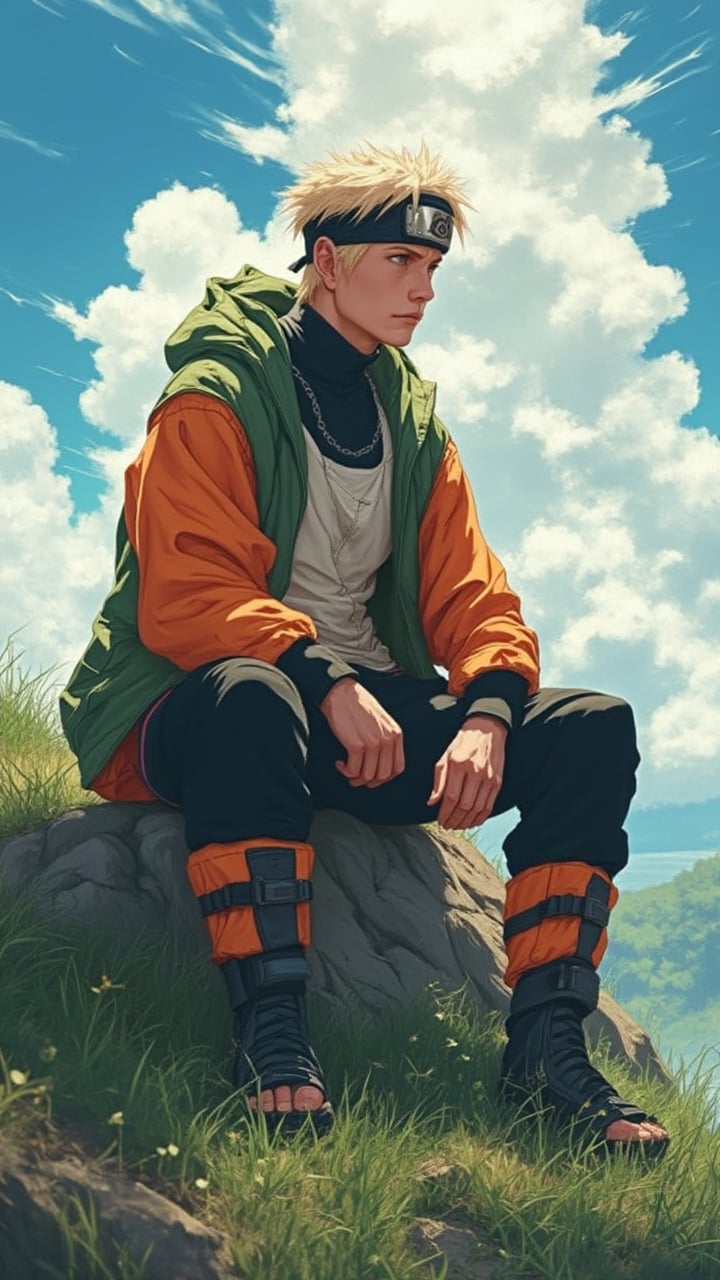 Portrait of Handsome man, sitting on a hill, Naruto style, naruto clothes, anime style 