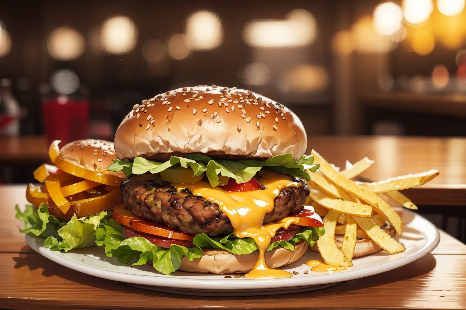 One burger complete with toppings, on a white plate, wooden table, there is a soda drink beside it, Being at a fast food place, blurry effect, The glowing light, 