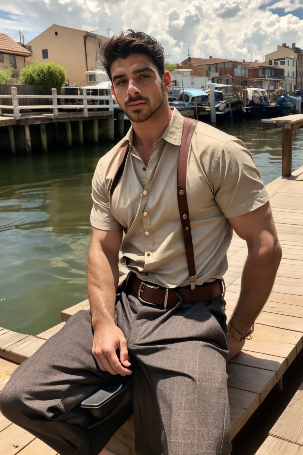 The image depicts a man seated on a wooden surface, likely a dock or a boardwalk, with his body turned to the side and his gaze directed off-camera. His attire consists of a short-sleeved, olive green shirt with a relaxed fit and dark trousers, complemented by a brown belt with a prominent buckle. The suspenders are a matching brown color and are attached to the belt, adding a vintage touch to his ensemble. His long hair is styled in a messy fashion, and he has a beard that suggests a rugged aesthetic. The background is out of focus but indicates an urban setting with buildings and what appears to be a body of water, hinting at a waterfront location.