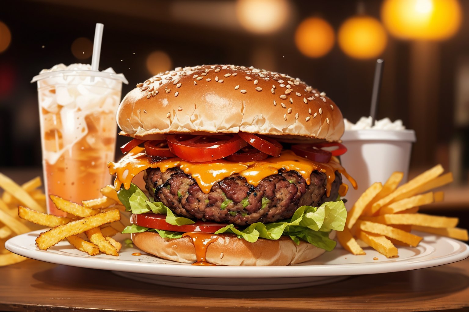 One burger complete with toppings, on a white plate, wooden table, there is a soda drink beside it, Being at a fast food place, blurry effect, The glowing light, 