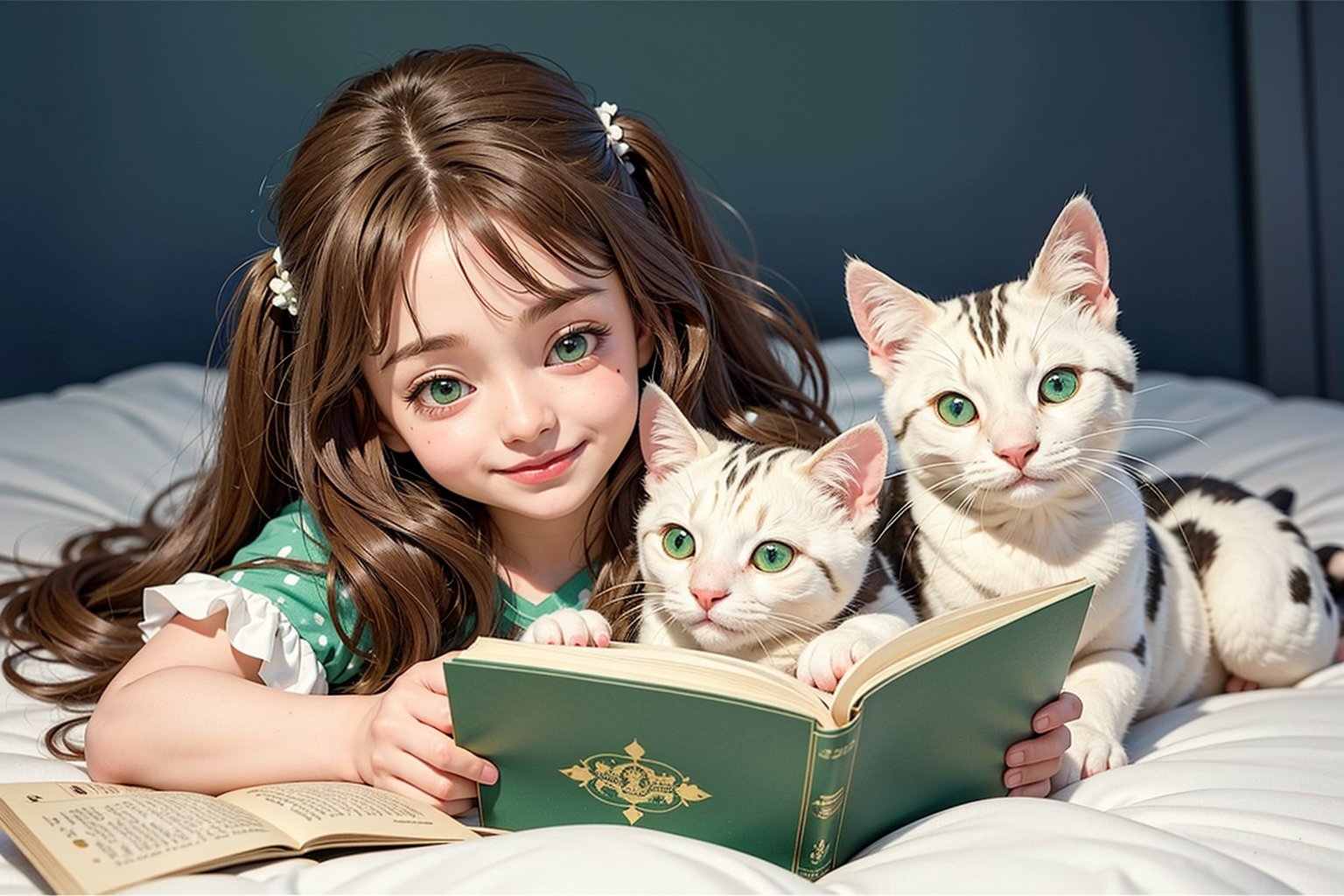 Rani, a bright-eyed 7-year-old with flowing brown hair and emerald green eyes, Mittens, a spunky white cat with black spots

Before bedtime, Rani read her favorite storybook. Slowly, Rani drifted off to sleep with a smile on her face, dreaming of new adventures waiting for her tomorrow. Night 