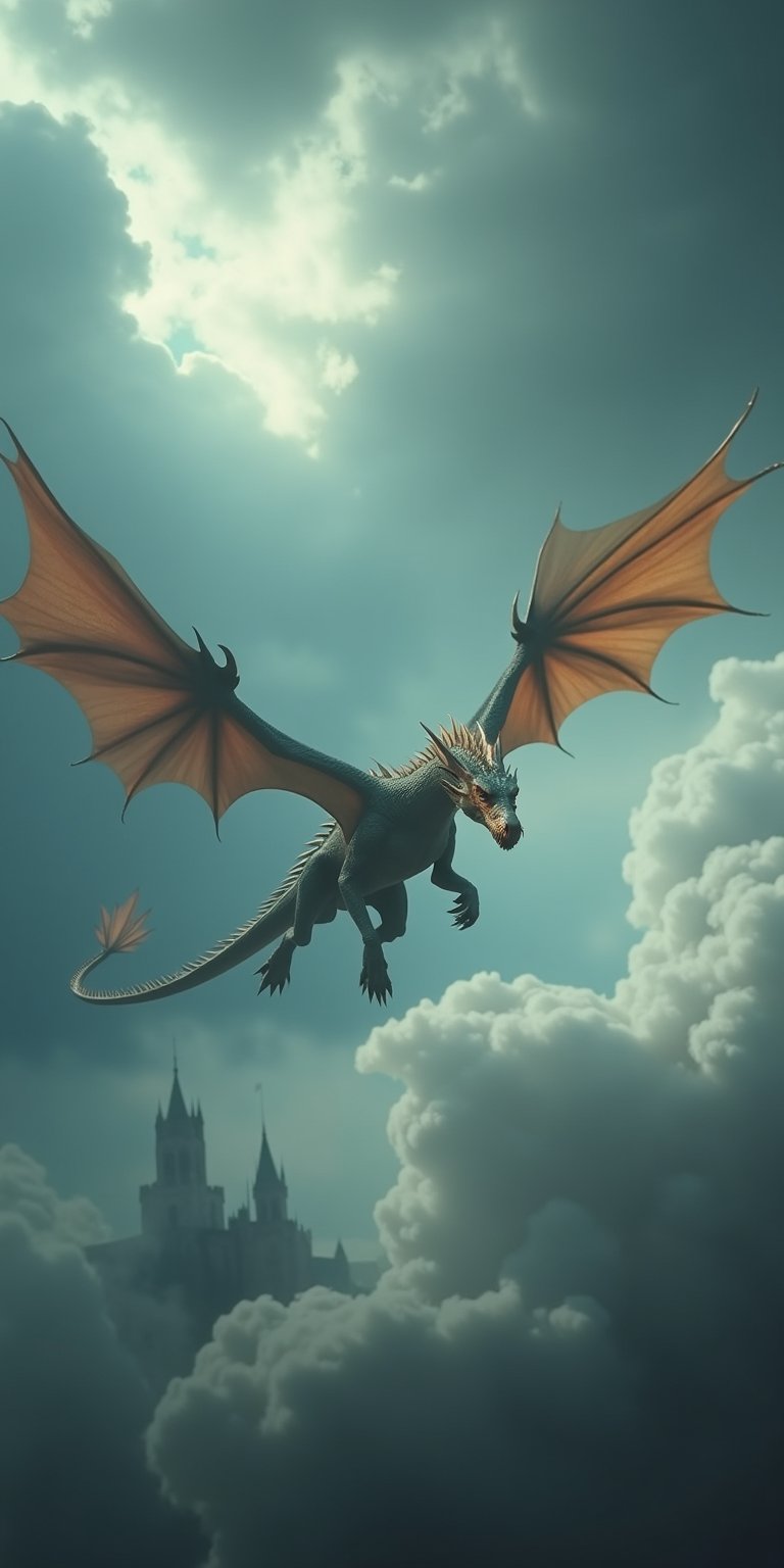 Portrait style, realism, hyper realistic, photography, oil painting, blurry effect, dynamic movement poses, Best quality, 4K, 8K, high-resolution, masterpiece, ultra-detailed, photorealistic, soft natural volumetric cinematic perfect light, analog photo, vintage style, 
.
.
( A solitary dragon soaring through a stormy sky, its scales shimmering with iridescent colors. The dragon's breath creates swirling clouds below, and a distant, ruined castle can be seen in the background.
 ), 
.
.
Digital illustration, Digital Painting, digital art style, full body, fantasy detailers, more details, oil painting effect, fantasy art style,