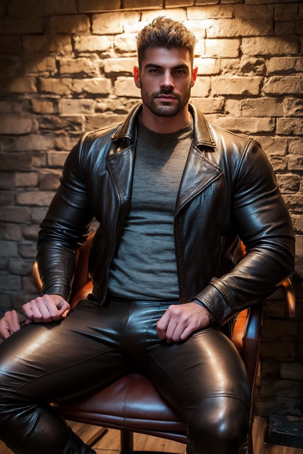 realistic, detailed, extremely detailed, Photorealistic, masterpiece, beautiful lighting, real image, hyperrealistic, 8k, cinematic, best shadow, detailed background, exquisite facial features, full body,


(((( Realistic, The image shows a muscle man sitting in a leather chair. The man is wearing a leather jacket and leather pants and is indoors with a black wall behind them. )))), 

Hyperrealistic photo,realhands, 