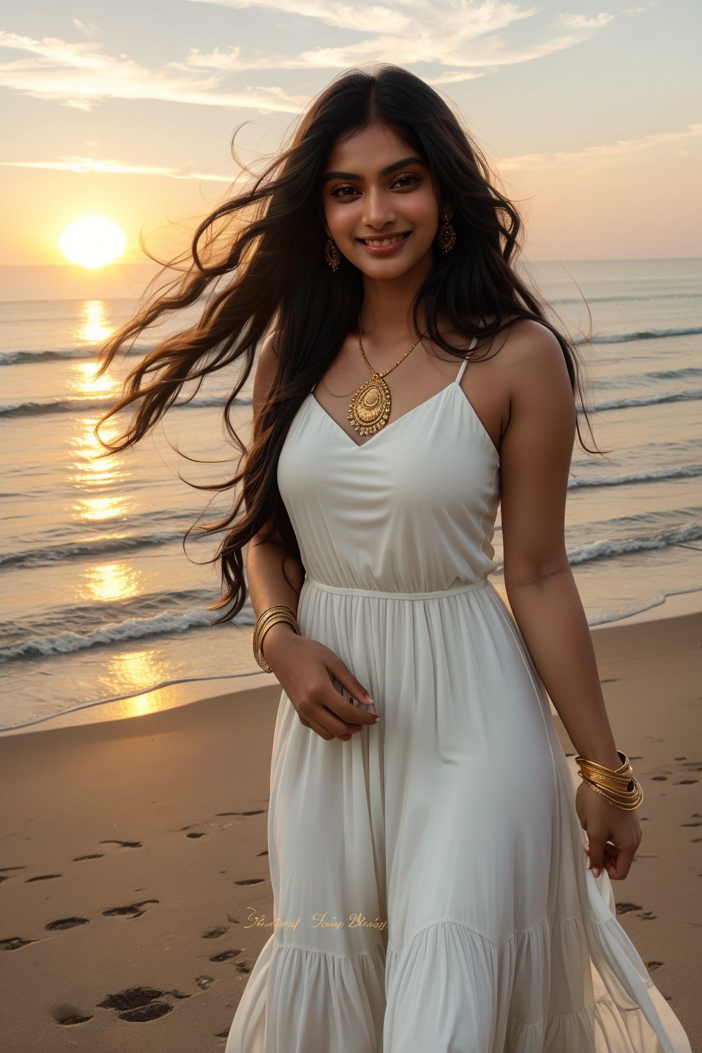 South Asian woman with long, flowing black hair and vibrant green eyes, wearing a flowing white sundress with gold bangles, smiles confidently as she holds her hand on her hip, elbow slightly bent, with a dramatic sunset casting a warm glow on her face.