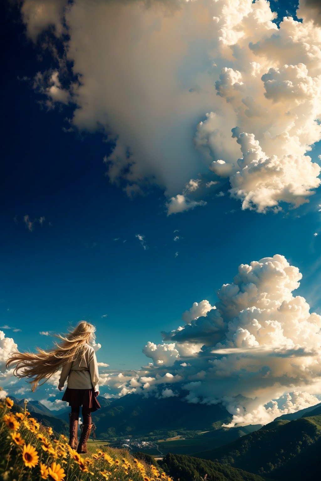 1girl, solo, long hair, blonde hair, boots, sky, day, cloud, scenery