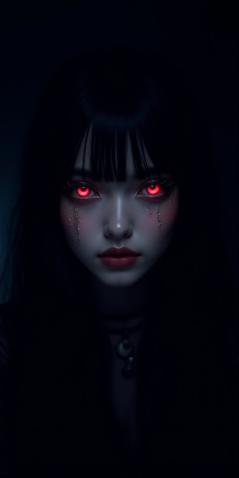 Portrait style, realism, hyper realistic, photography, oil painting, blurry effect, dynamic movement poses, 
.
( Best quality, 4K, 8K, high-resolution, masterpiece, ultra-detailed, photorealistic, a close up of a woman's face with black and white hair, glowing eyes, and lots of glitter, 1girl, long hair, red eyes, jewelry, black hair, blurry, eyelashes, lips, colored skin, depth of field, straight hair, cosmic background, portrait, gem, silver skin. ), 
.
.
Digital illustration, Digital Painting, digital art style, full body, fantasy detailers, more details, oil painting effect, fantasy art style,