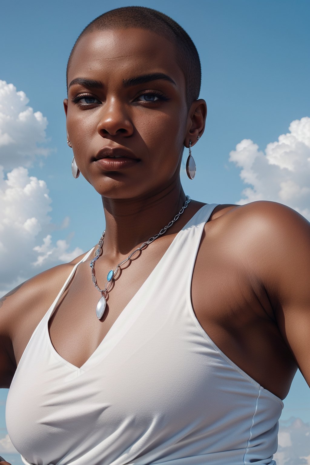 Black woman with a shaved head and piercing blue eyes, wearing a bold, asymmetrical red dress with a chunky silver necklace, strikes a powerful pose, arm raised with a slight bend at the elbow, showcasing her strength and determination against a backdrop of fluffy white clouds and a bright blue sky.