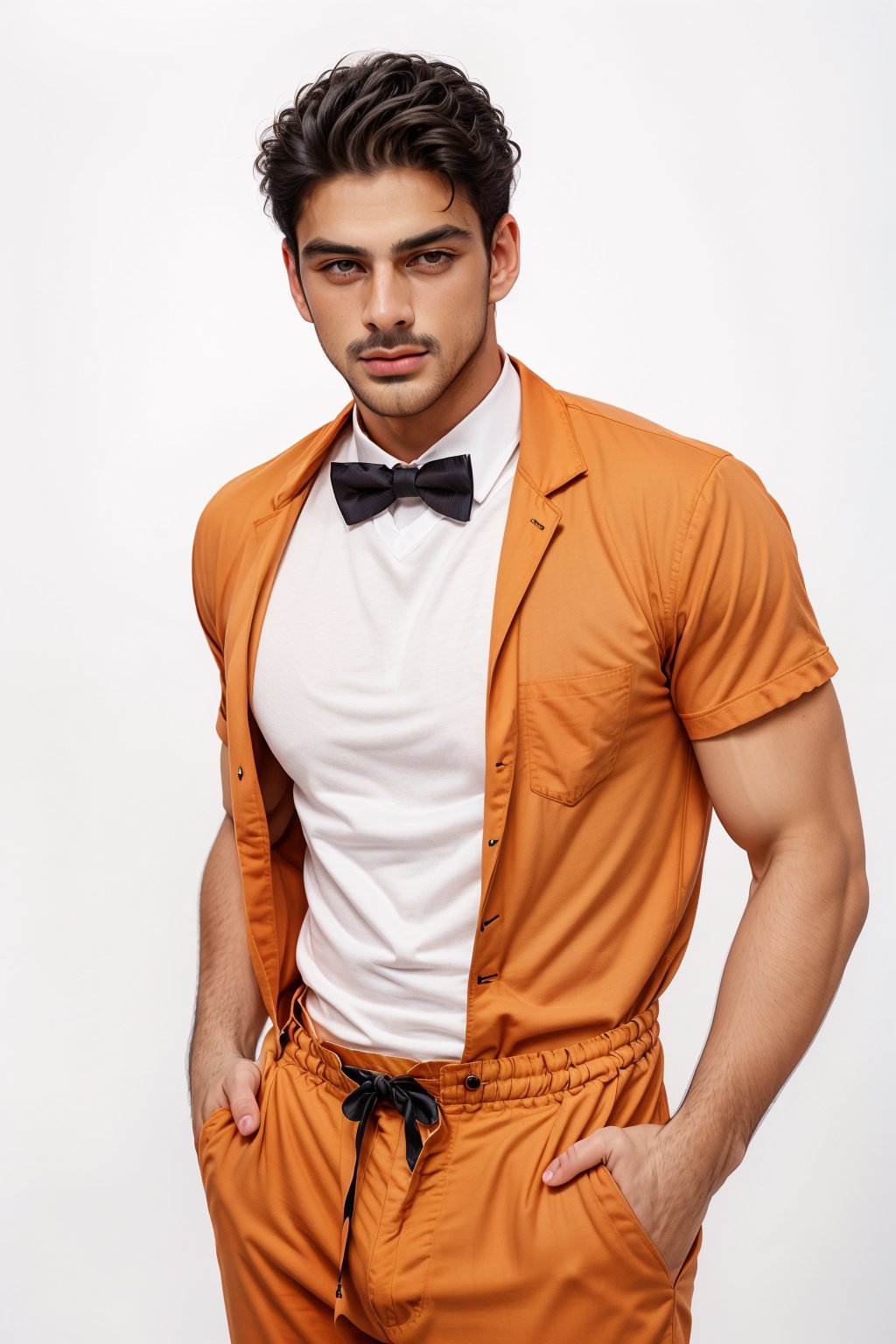 Portrait of handsome model, wearing orange t-shirt, Jumpsuit, Bow tie,  white background , dynamic poses 