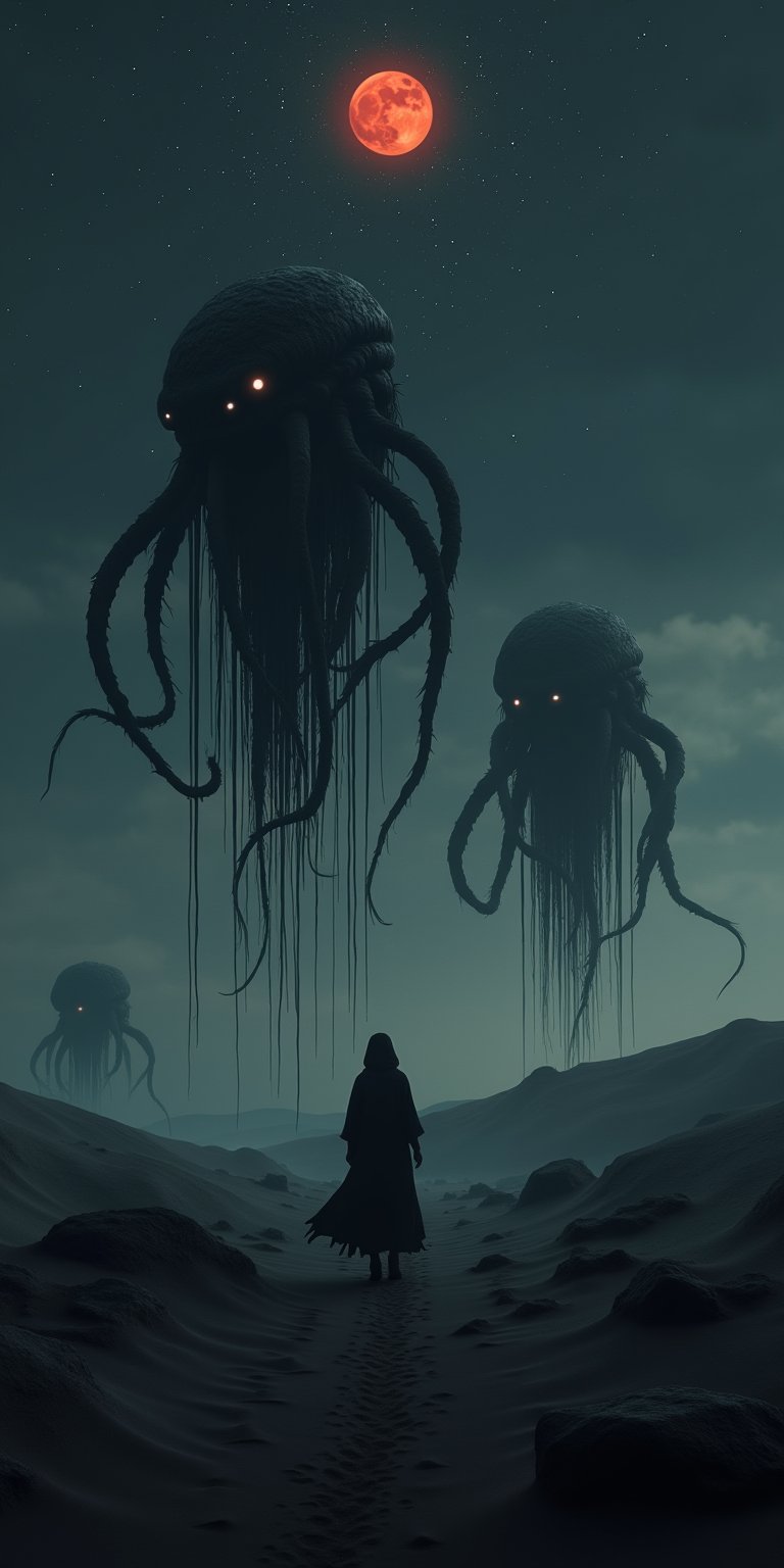 Portrait style, realism, hyper realistic, photography, oil painting, blurry effect, dynamic movement poses, Best quality, 4K, 8K, high-resolution, masterpiece, ultra-detailed, photorealistic
.
.
( photo of a black sand desert, several giant black otherworldly creatures with cable-like hanging tentacles are floating in the starry sky, a faint red sun barely shines through the cloud cover, highly detailed, cinemascope, moody, epic, photorealistic, color graded cinematic, atmospheric lighting, award winning photo, film grain ), 
.
.
Digital illustration, Digital Painting, digital art style, full body, fantasy detailers, more details, oil painting effect, fantasy art style,