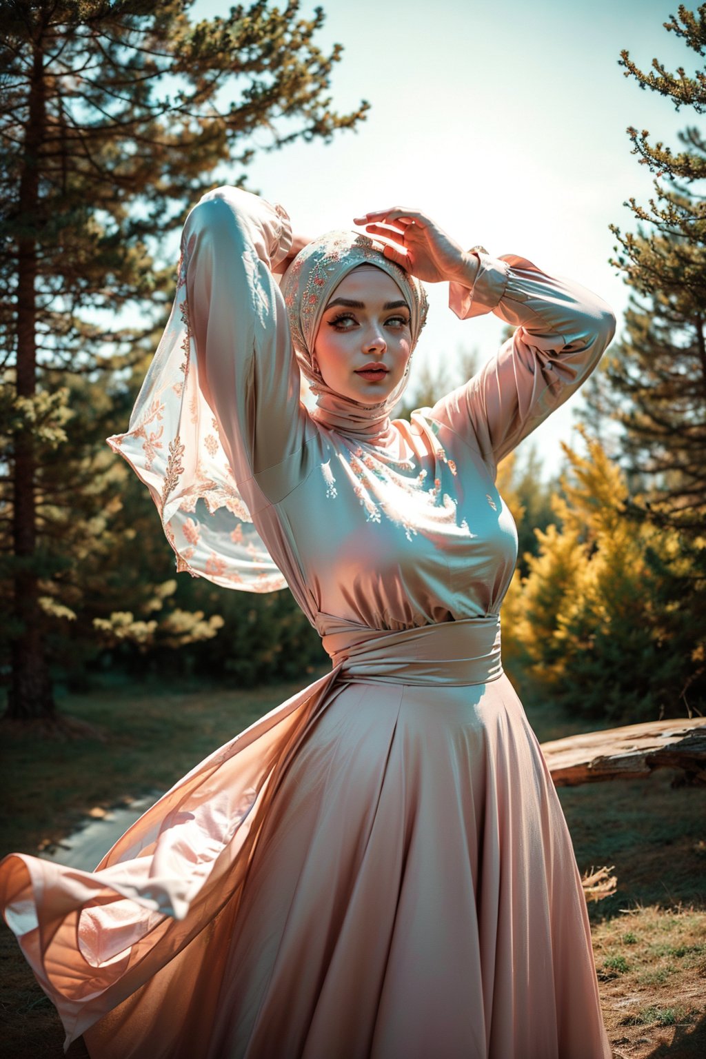 (( film grain, cinematic film still, RAW photo, dark, intricate detail, analogue RAW, vintage aesthetic, grainy, niosy, gritty, grunge, vintage paper, )), fantasy, Mystical atmosphere, bright colors. Hijab style, 
.
.
Beautiful queen,Fantasy detailers,Dynamic poses,Movement poses 