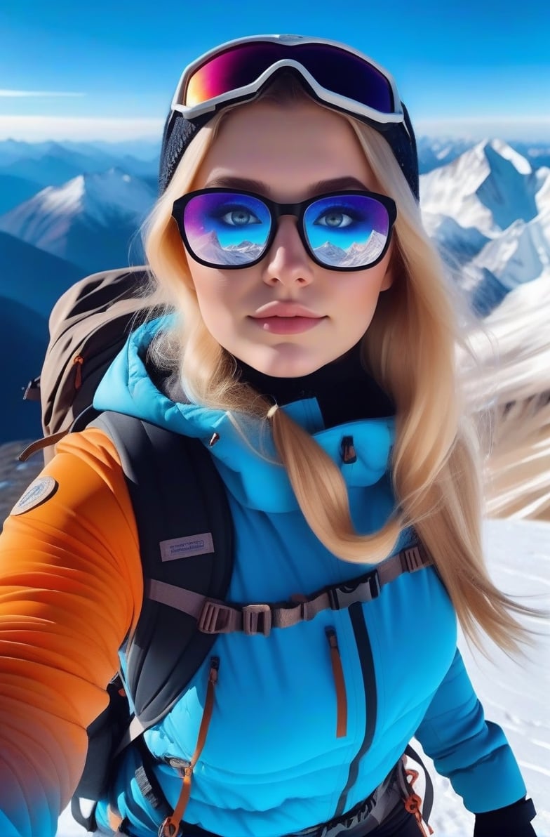 Galaxy background, a visually striking Instagram model with enchanting beauty, captivating blonde hair, hypnotic eyes, big bubs, flawless complexion, and the unique features that make her stand out, snow climbing outfit, backpack, mountain accessories, hiking the andes, climbing a hill, glasses, no makeup, photo r3al,skirtlift