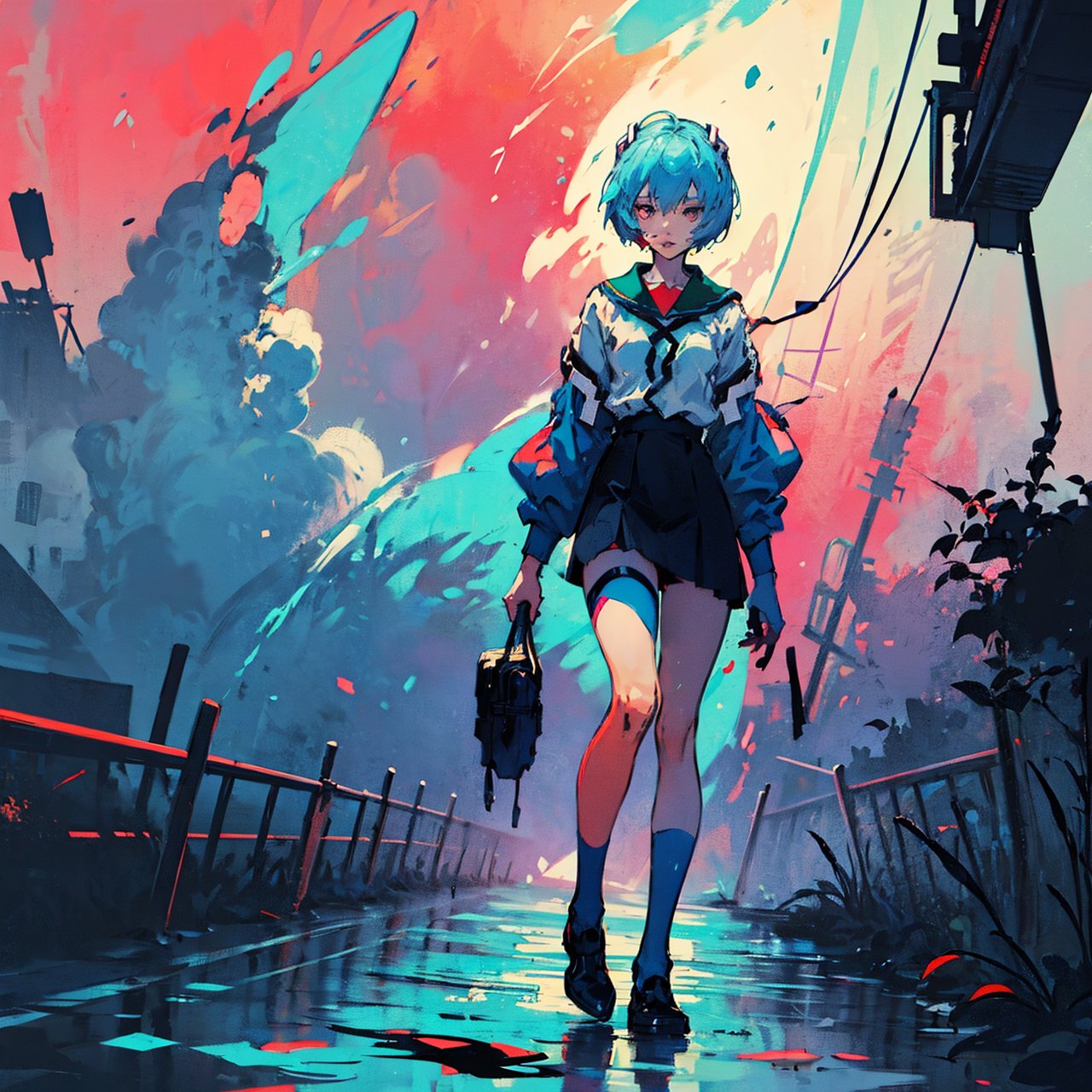 Rei ayanami in Eva 01, Evangelion, colorful, darl background,exposure blend, medium shot, full body, ambient, bokeh, (hdr:1.4), high contrast, (cinematic, teal and orange:0.85), (muted colors, dim colors, soothing tones:1.3), low saturation,Animal ear