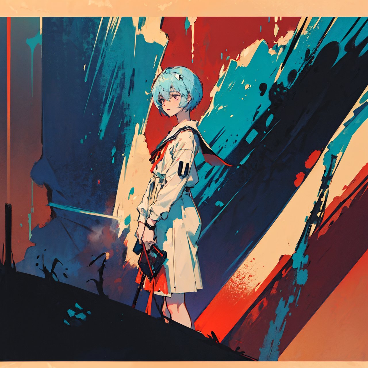 Rei ayanami in Eva 01, Evangelion, colorful, darl background,exposure blend, medium shot,red atmosphere, ambient, bokeh, (hdr:1.4), high contrast, (cinematic, teal and orange:0.85), (muted colors, dim colors, soothing tones:1.3), low saturation,Animal ear