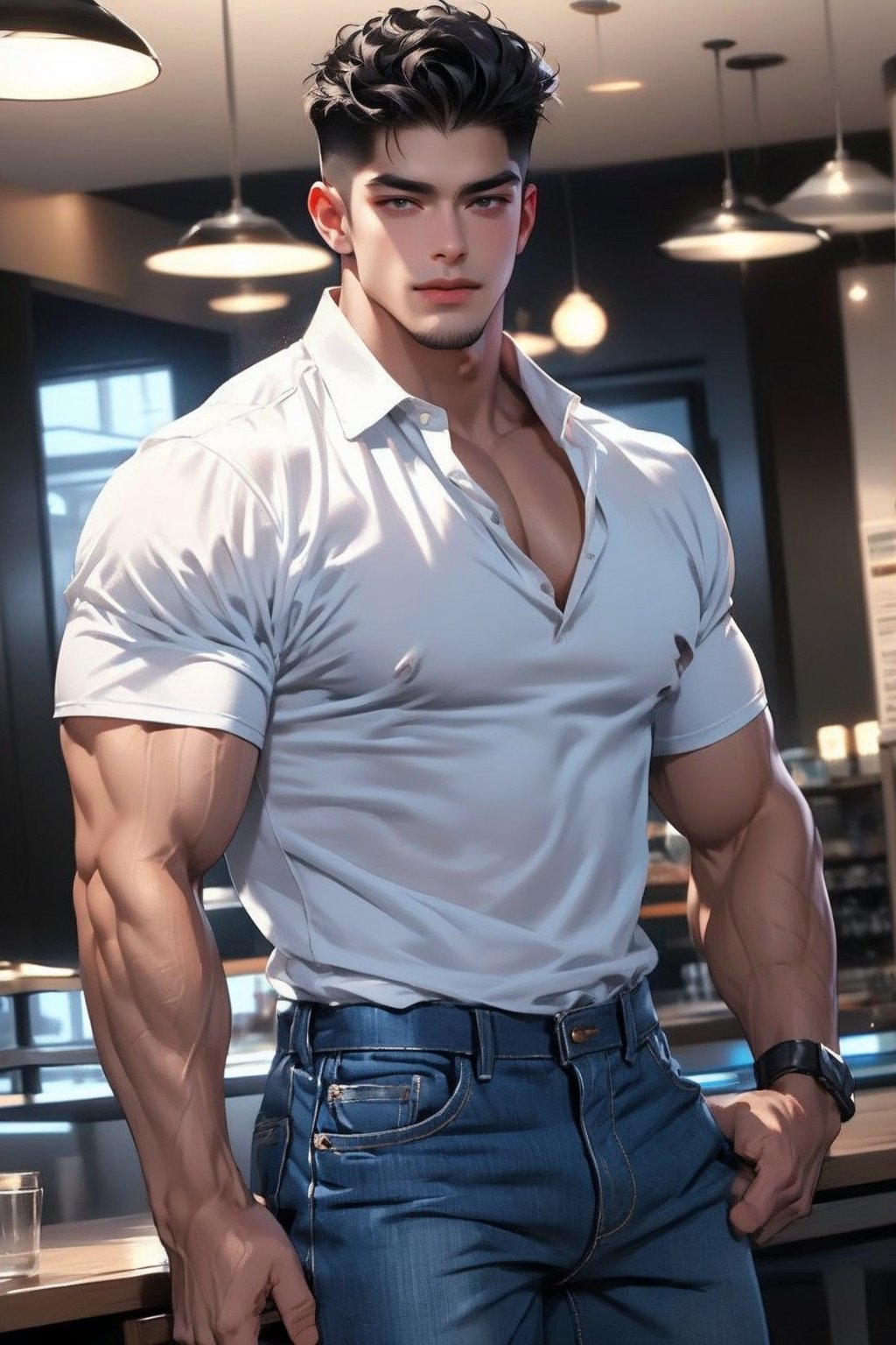 solo, looking at viewer, short hair, shirt, black hair, 1boy, white shirt, male focus, collared shirt, pants, indoors, muscular, facial hair, pectorals, denim, muscular male, bara, beard, jeans, mature male, realistic, blue pants, manly, bar \(place\), dynamic poses 