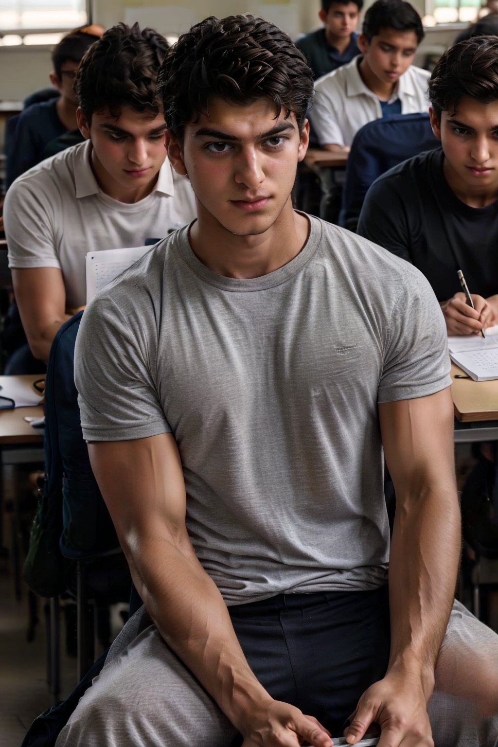 high school student named Arya, sitting confidently at his desk during a difficult math exam, surrounded by confused classmates, with a hidden notebook filled with special learning methods peeking out of his bag