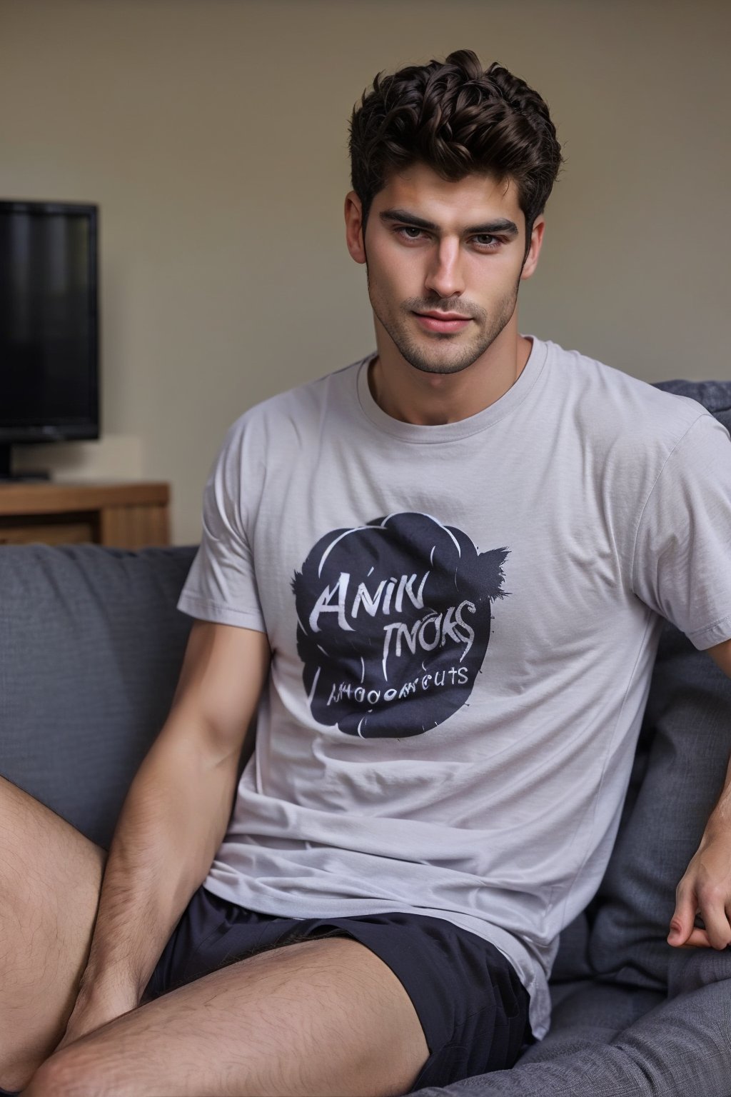 skinny man named Danu, sitting on a couch with snacks, watching TV, wearing t-shirts",Photorealistic man,Photography