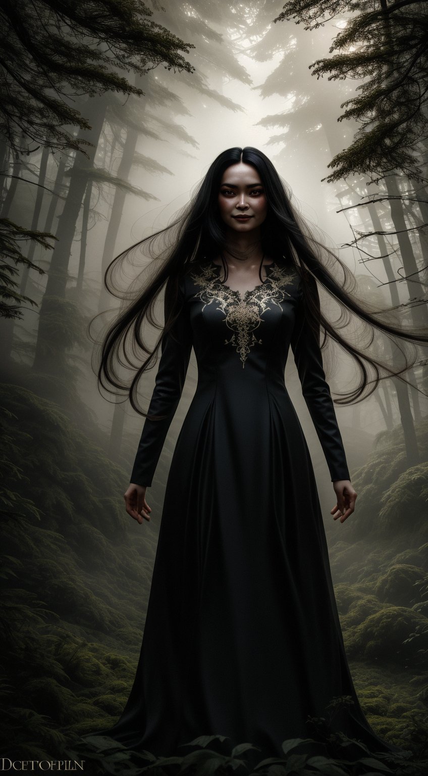 Generate an eerie image of a kuntilanak, a ghostly woman with long black hair and a white dress, standing by a large tree in a dark, misty forest. Her expression is haunting, with a sinister smile and glowing eyes, capturing the essence of Indonesian folklore.,Fantasy detailers,Dynamic poses,Fantasy detailers,Movement poses 