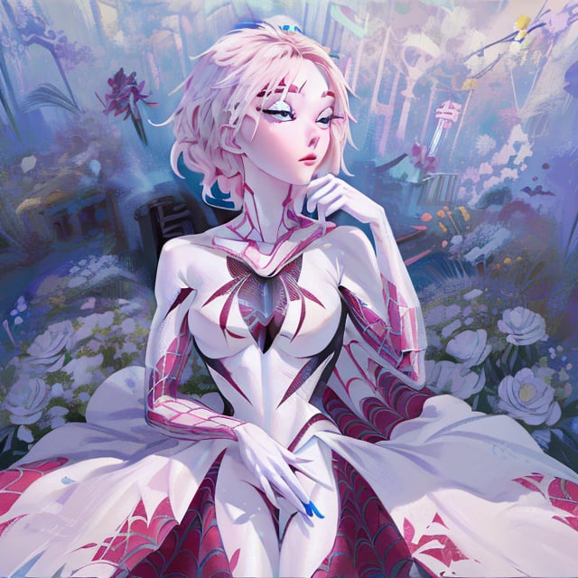 no_humans,spidergwen russian girl with red head blue eyes white weeding gown  golden jewelary white flowers tiger cub in hand ,scenery,spidergwen