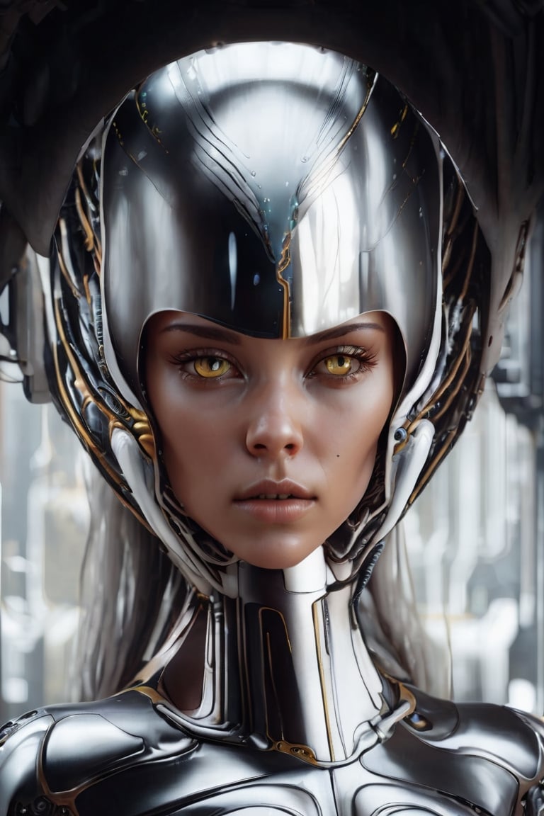 The Xenomorph's elongated head, adorned with intricate biomechanical details, gazes out into the horizon with haunting phosphorescent yellow eyes, hinting at the depths of its extraterrestrial intelligence.cyborg style, cyborg, 3d style,3d render,cg,beautiful, (1girl, looking at viewer,close up), brown eyes, cyborg , mechanical limbs,cute gloves, dancing, dynamic pose, black metalic parts,golden parts, Reflections on metal, ,biopunk style