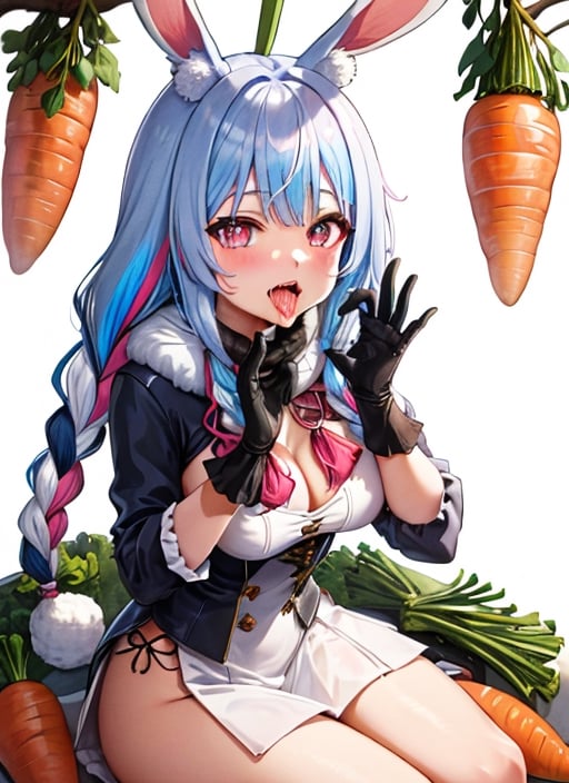 , don-chan (usada pekora), usada pekora, hololive, tamaki (tamakikan), animal ear fluff, animal ears, blue hair, braid, carrot hair ornament, food-themed hair ornament, fur scarf, gloves, hair ornament, long hair, multicolored hair, rabbit-shaped pupils, rabbit ears, rabbit girl, saliva, symbol-shaped pupils, twin braids, virtual youtuber, white hair