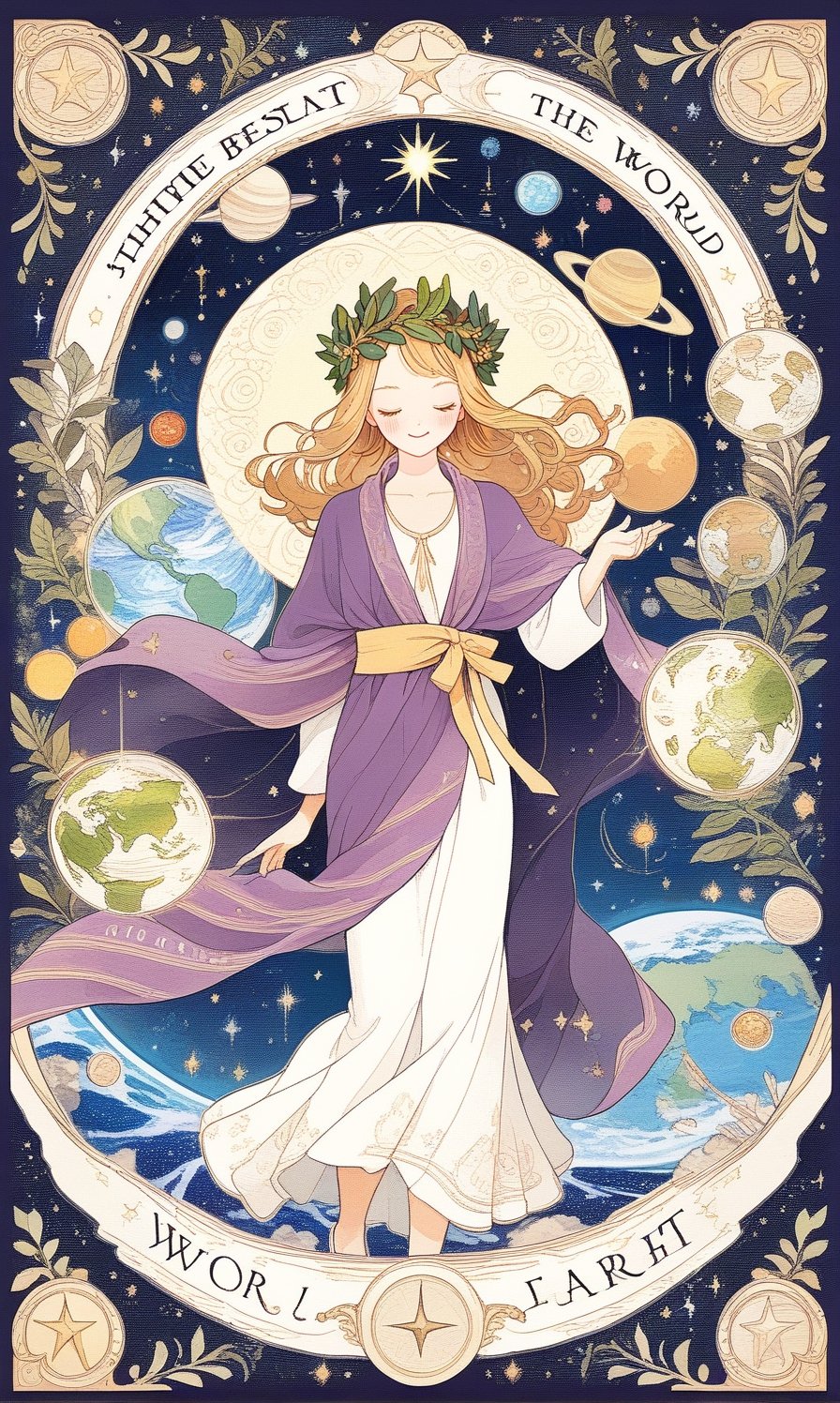 A goddess, eyes closed, with purple shawl and ribbon, gorgeous robe, floats in the center of the photo, (holding the earth), surrounded by a circle of laurel crown leaves, space, (tarot card design), botanical illustration, classic, elegant flourish, Lofi art style, vintage, [(text that says "WORLD")], best quality, masterpiece, extremely detailed, intricate details, 