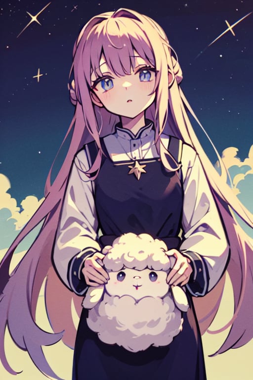 (masterpiece), (best quality), (highly detailed), 1girl, solo, greek clothes, galaxy, purple_hair, blue_hair, starry_eyes, starry_night, starry_sky, stars, star, very_long_hair, looking_at_viewer, dream, clouds, sheeps,