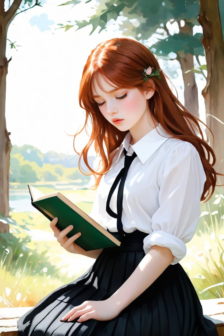 A delicate illustration of a stunning goth girl, reminiscent whimsical style. The subject, a beautiful teenager with ginger hair, sits amidst rustic surroundings, illuminated by natural light. She wears a plain white shirt with collar and a flowing black pleated skirt, holding books close to her chest. Her blush-pink cheeks and soft, bouncy skin invite tender touch. Embarrassment and exhaustion radiate from her tired eyes, yet her innocent charm is undeniable. The sketchbook-style illustration features bold dark lines, loose strokes, and subtle texture on watercolor paper, as if executed by a master artist like Alphonse Mucha or William-Adolphe Bouguereau.