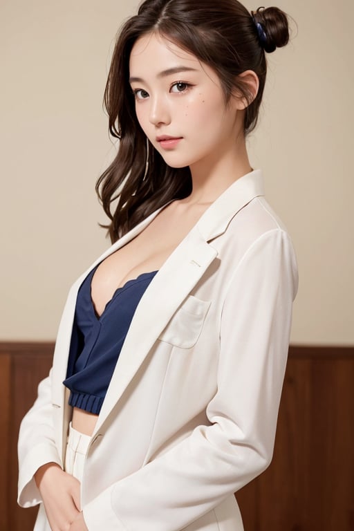 portrait photo of a Top model Japanese teenage girl, 18 years old, seductive smile, small mole under left eye, smooth soft pale skin, symmetrical, at summer, whole body, at school, perfect detail, looking at viewer, make up, (buns:1.2), brown hair, highschool uniform, white open cleavage shirt, navy blue suit, small breasts, soft lighting, highly detailed face, from side, photo realistic, (looking into camera:1.7), HDR, cowboy shot