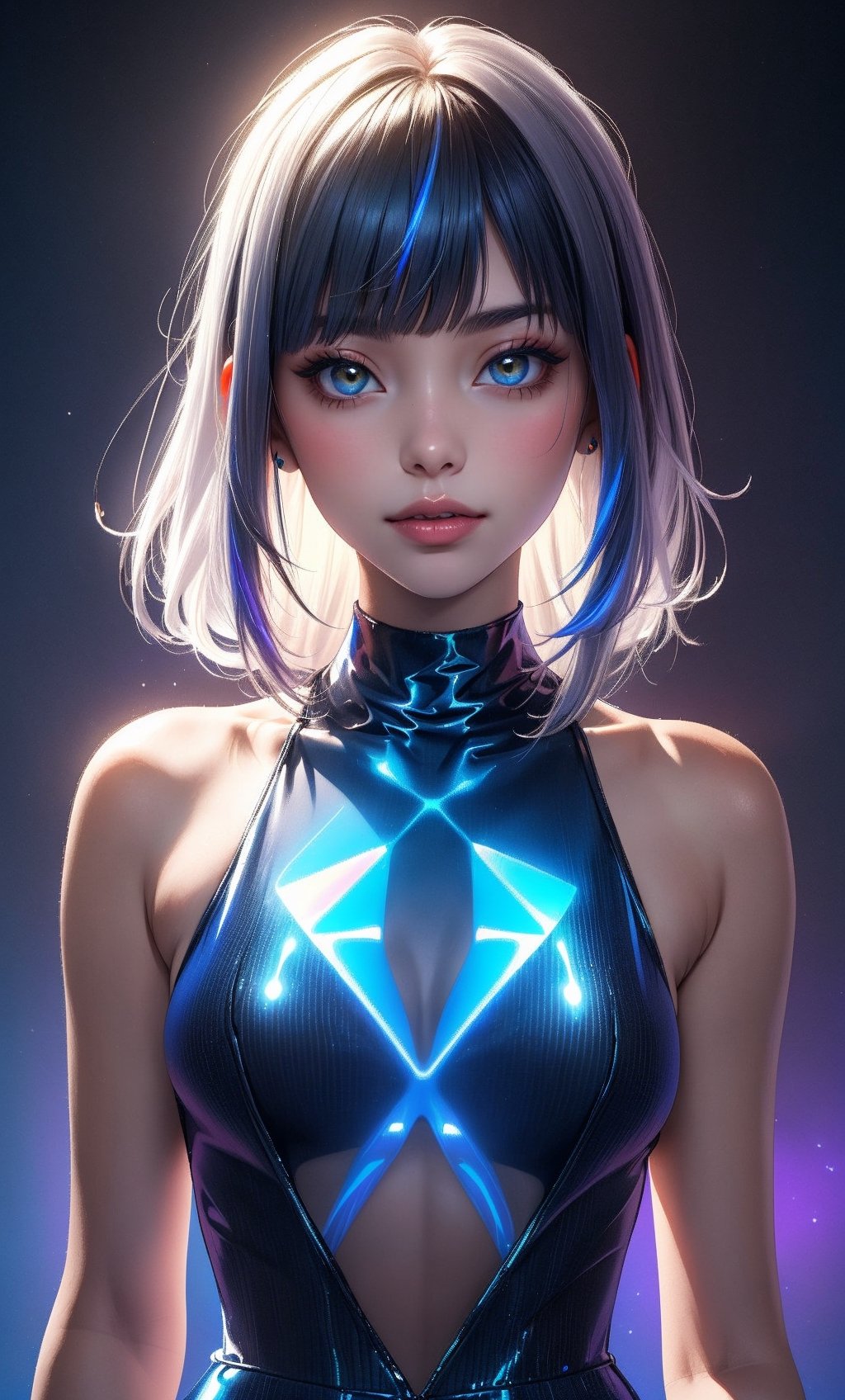 (masterpiece),(best quality), 

1girl, solo, long hair, looking at viewer, closed mouth, upper body, white hair, blunt bangs, lips, portrait, 

hologram swimsuit,portrait,(dress hologram:1.2), bioluminescent liquid