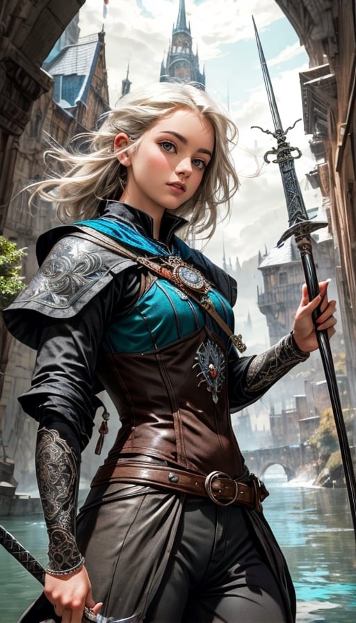 1girl, 8k, intricate, elegant, highly detailed, majestic, digital photography, broken glass, (masterpiece, sidelighting, finely detailed beautiful eyes: 1.2), hdr, full_body, magic wand, water binder, fantasy girl, mage, witcher, seductive_pose