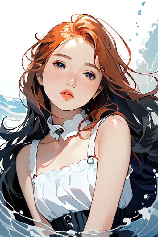 A dark, gritty, realistic sketch of a goth girl, reminiscent of Studio Ghibli's whimsical style. On watercolor paper, bold lines and loose strokes mingle to create a sense of dynamic movement. Natural light casts an ethereal glow on the subject's porcelain skin, inviting touch.

The young, beautiful girl stands with her shoulders slumped, wearing a plain white shirt with a high collar and a black pleated skirt. Her ginger hair falls in soft waves down her back, framing her angelic face. Her blush-stained cheeks betray embarrassment, exhaustion, or perhaps both.

Sharp focus captures the intricate details of her delicate features: plump lips, defined brows, and large, shining eyes that seem to hold a deep kindness. The overall effect is one of tender innocence, making it impossible not to be captivated by this lovely, pure, and adorable young woman.